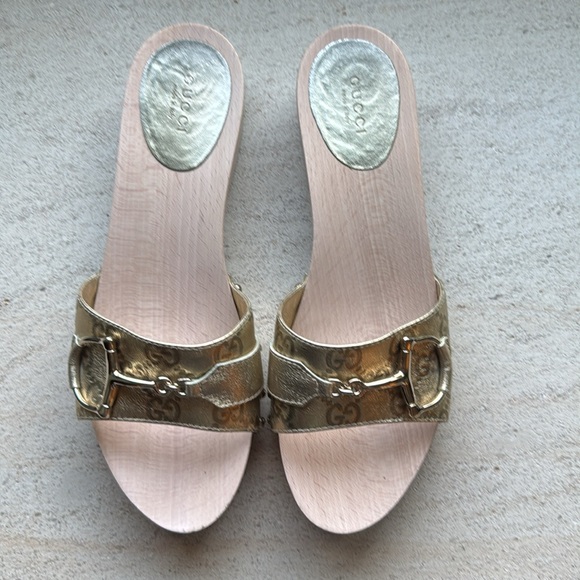 Gucci clogs wooden shoes slides size 39 hold horse bid leather metallic - Picture 4 of 7